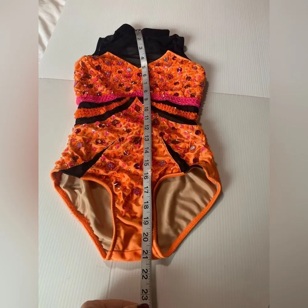 Glamour solo dance costume orange black illusion rhinestoned LC-large child